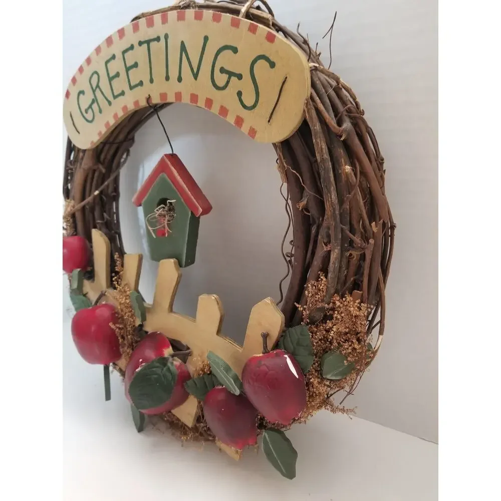 Vtg Handmade Grapevine Greetings Wreath Cottagecore Apples 13